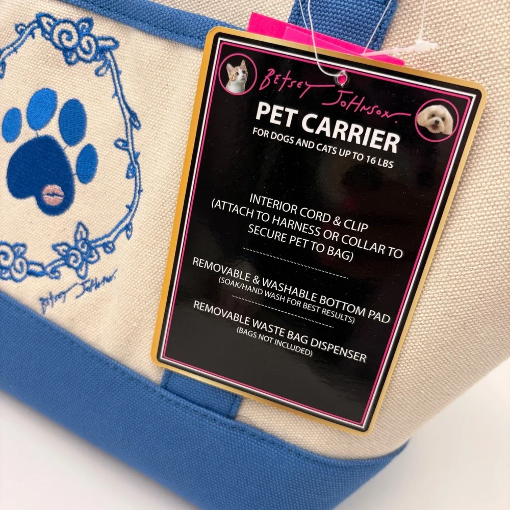 Betsey Johnson Navy Cream Canvas Embroidery Pet Carrier Tote Bag Dog Lover